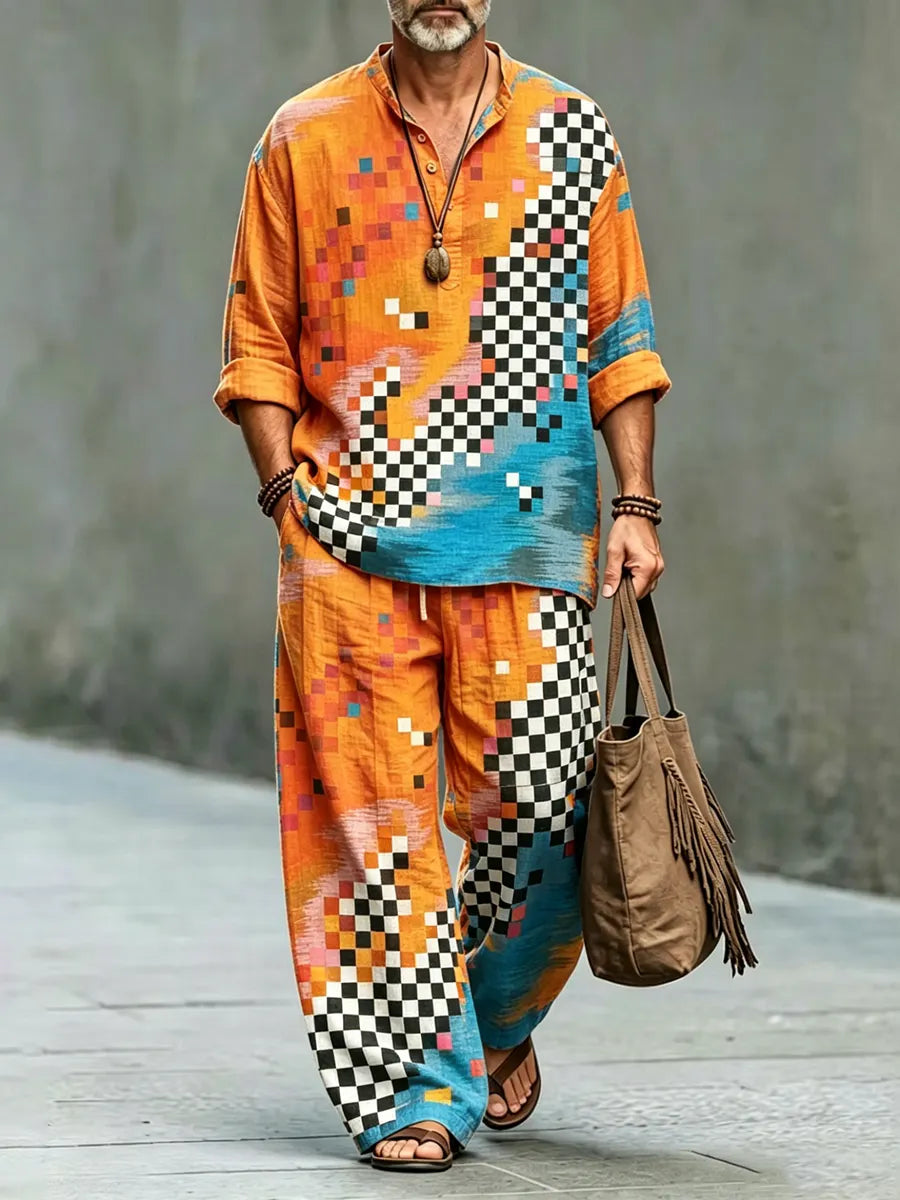 Men's Retro Abstract Geometric Art Shirt And Pants Two Piece Set