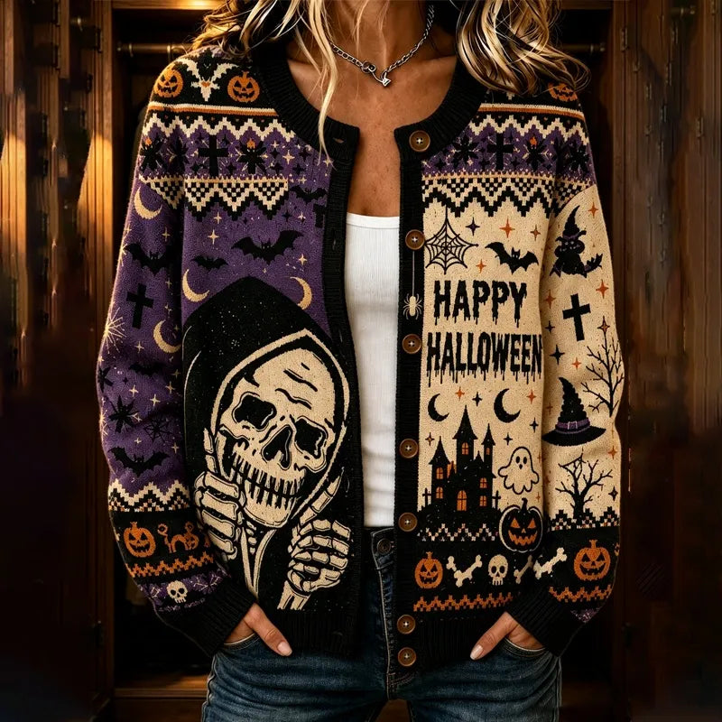 Women's Gothic Halloween Skull-print Casual Cardigan