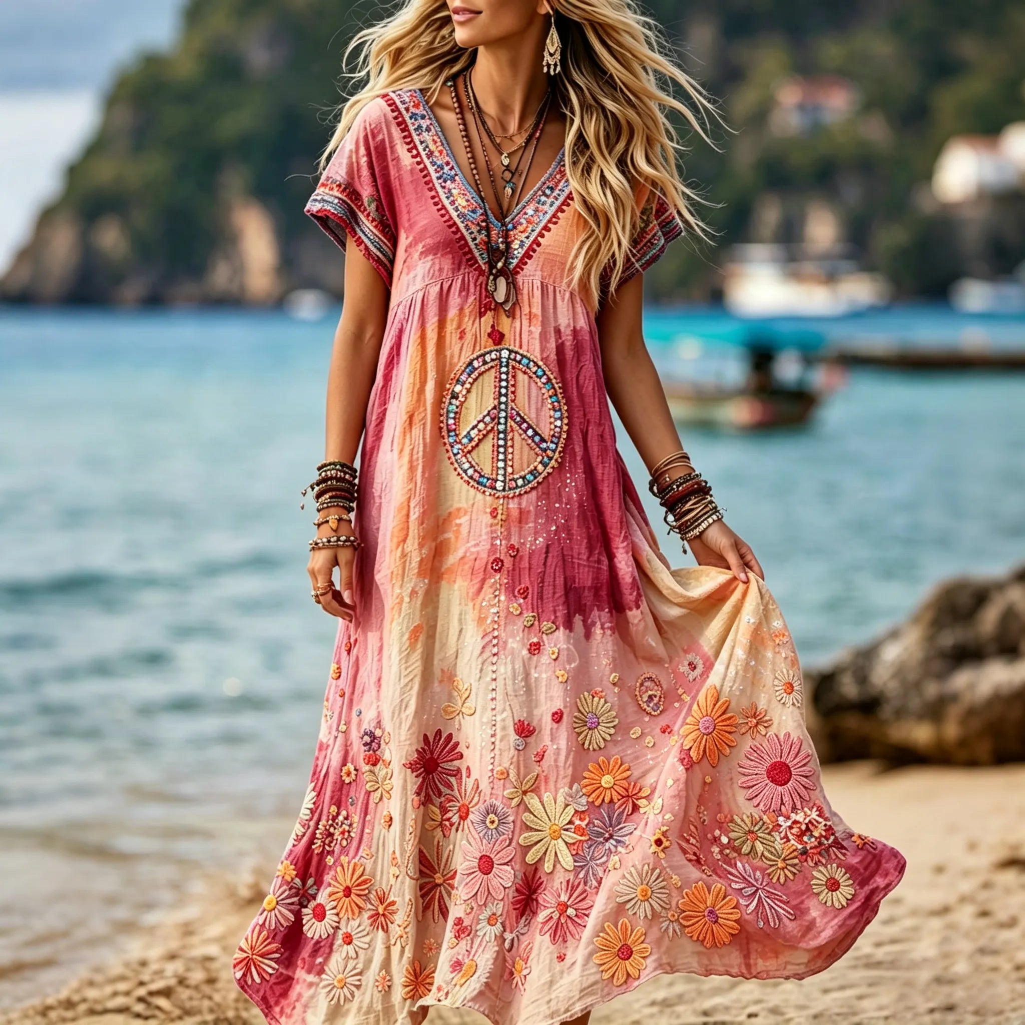 Women's Retro Hippie Peace Floral Embroidery Art V Neck Short Sleeve Linen Blend Maxi Dress
