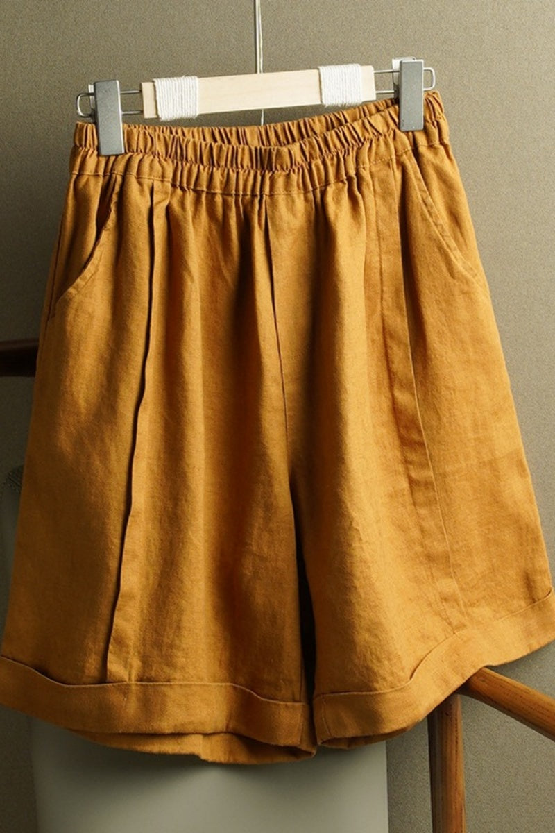 High-Waisted, Straight-Leg Cotton And Linen Shorts