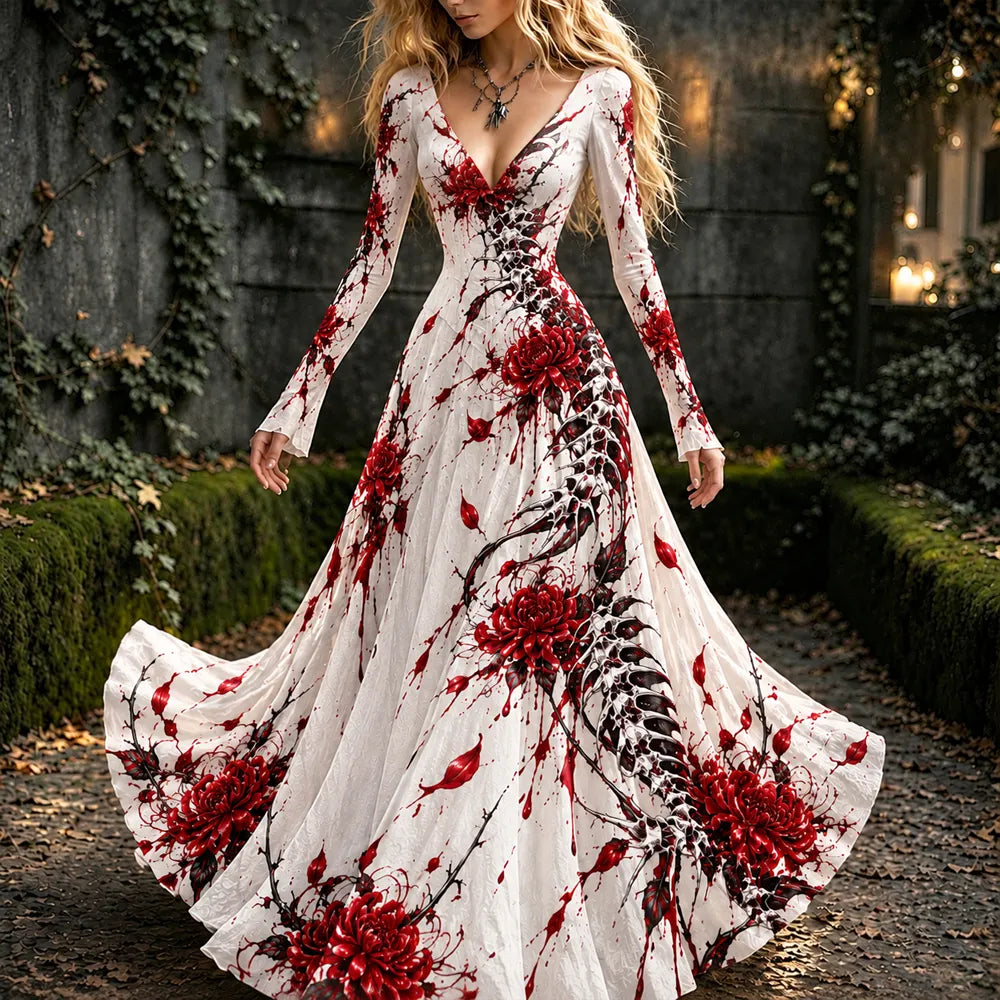 Women's Gothic Floral Blood Splatter Long Dress