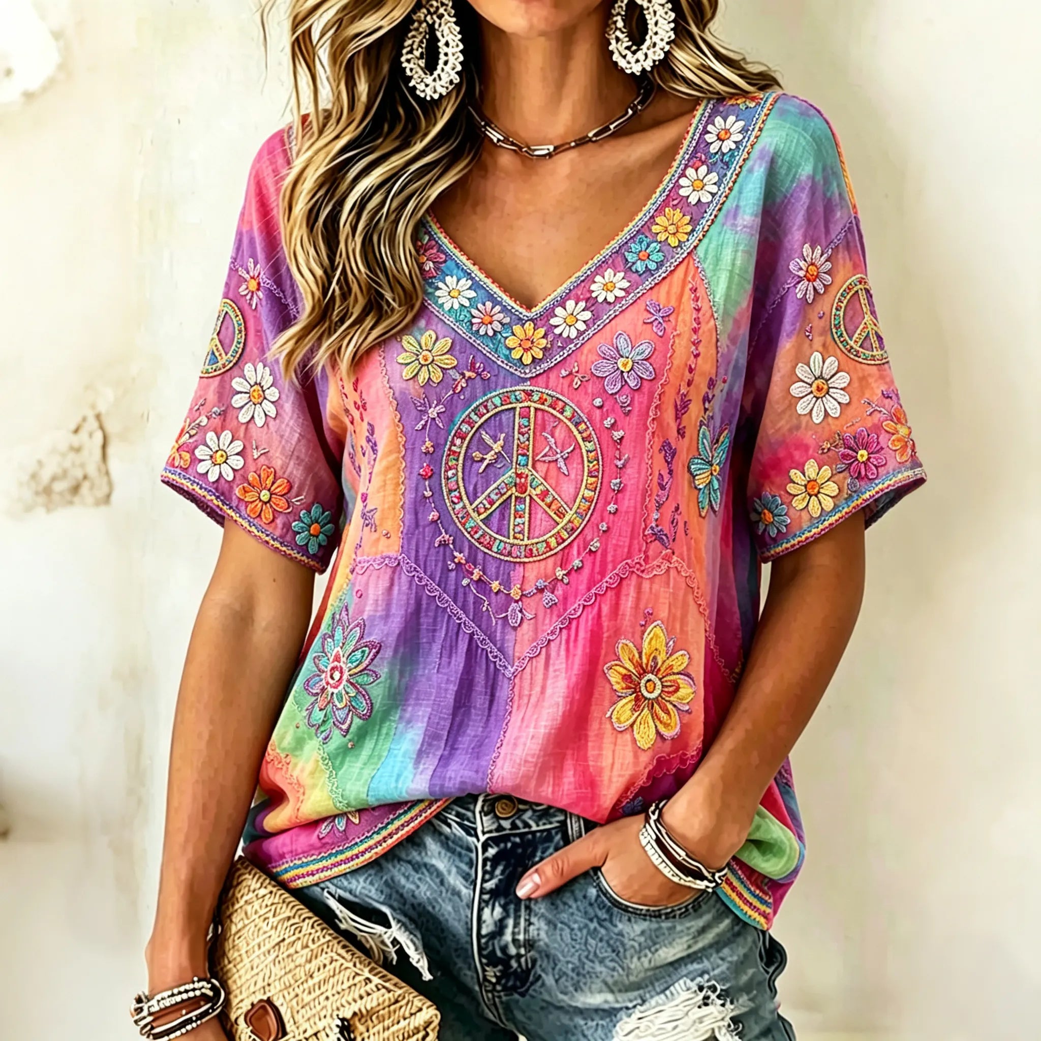 Women's Hippie Floral Peace Sign Contrast Patchwork Print Short Sleeves Linen T-shirt