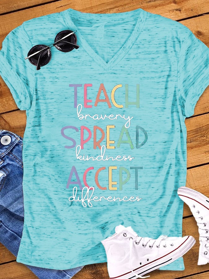 Women's Autism Awareness In April We Wear Blue Autism Month Printed Short Sleeve V-neck T-shirt