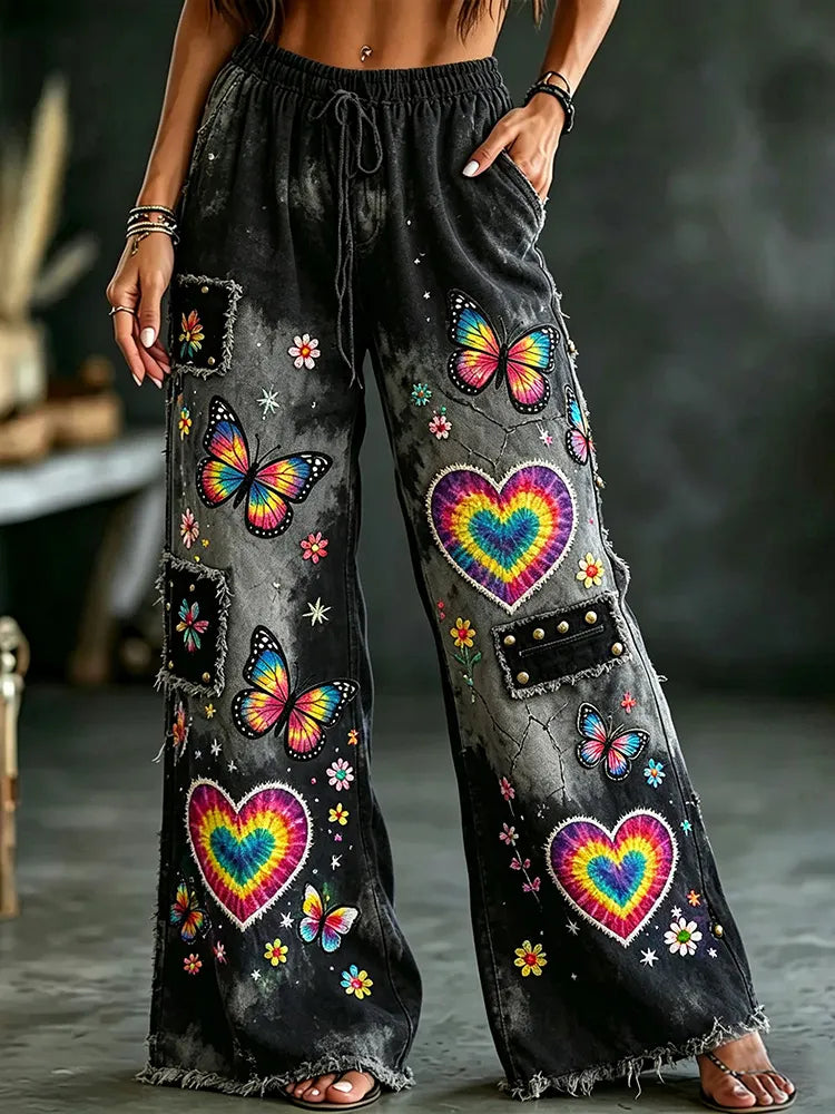 Women's Vintage Washed Hippie Boho Rainbow Butterfly Heart Embroidery Patchwork Pants