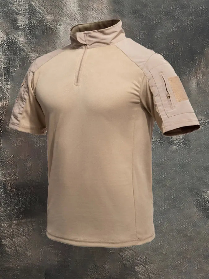Men's Breathable Military-Style Short-Sleeve Shirt with Stand Collar and Zipper