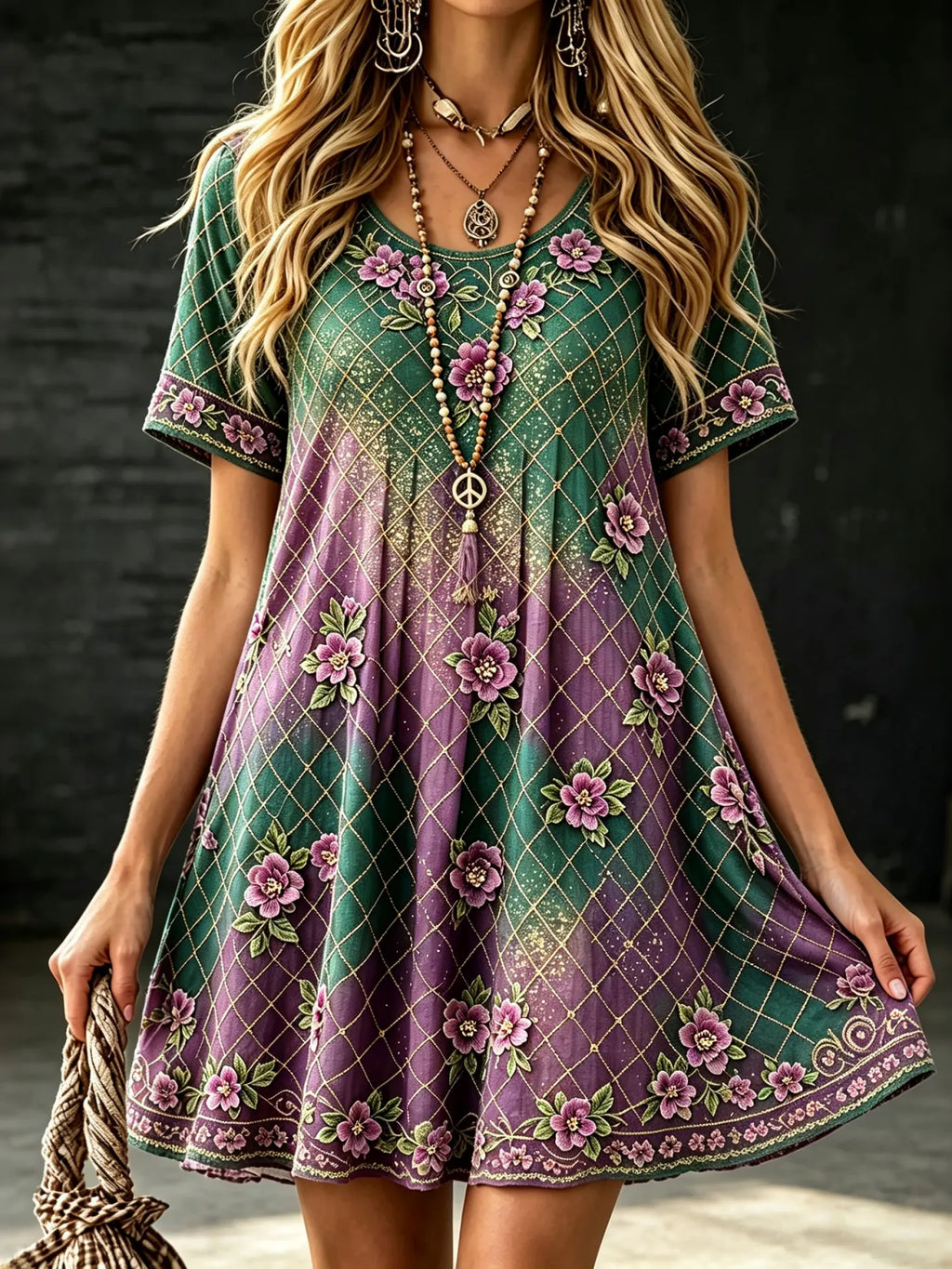 Women's Retro Vacation Floral Gradient Cotton Linen Round Neck Short Sleeve Dress