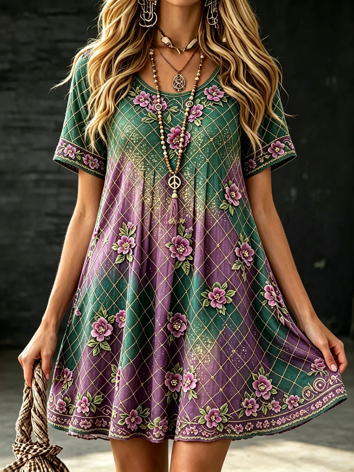 Women's Retro Vacation Floral Gradient Cotton Linen Round Neck Short Sleeve Dress