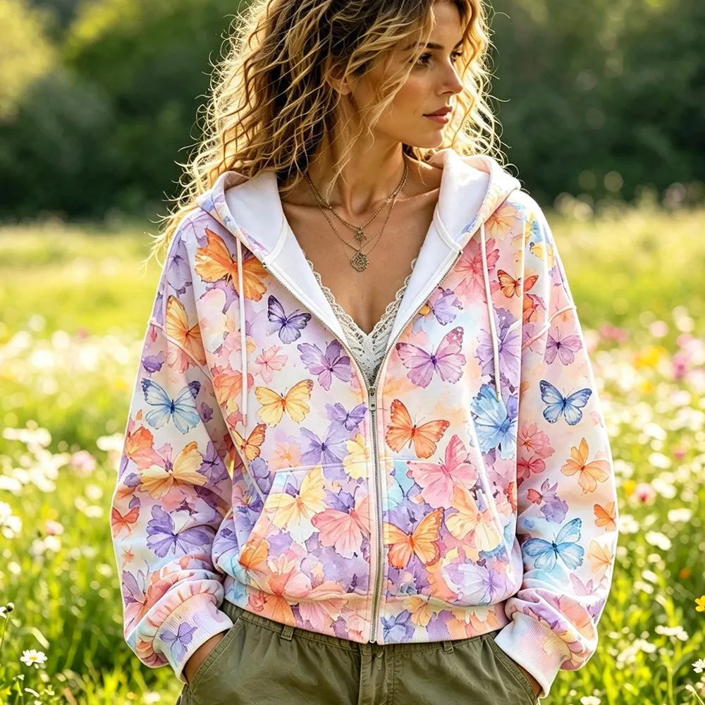 Women's Casual Zip-up Hoodie - Colorful Watercolor Butterflies Print Long Sleeve Sweatshirt