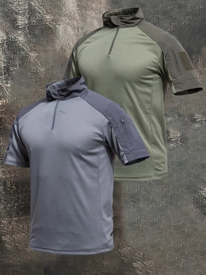 Men's Breathable Military-Style Short-Sleeve Shirt with Stand Collar and Zipper