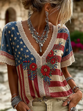Women's Flag and Floral Color-Blocked Print Top