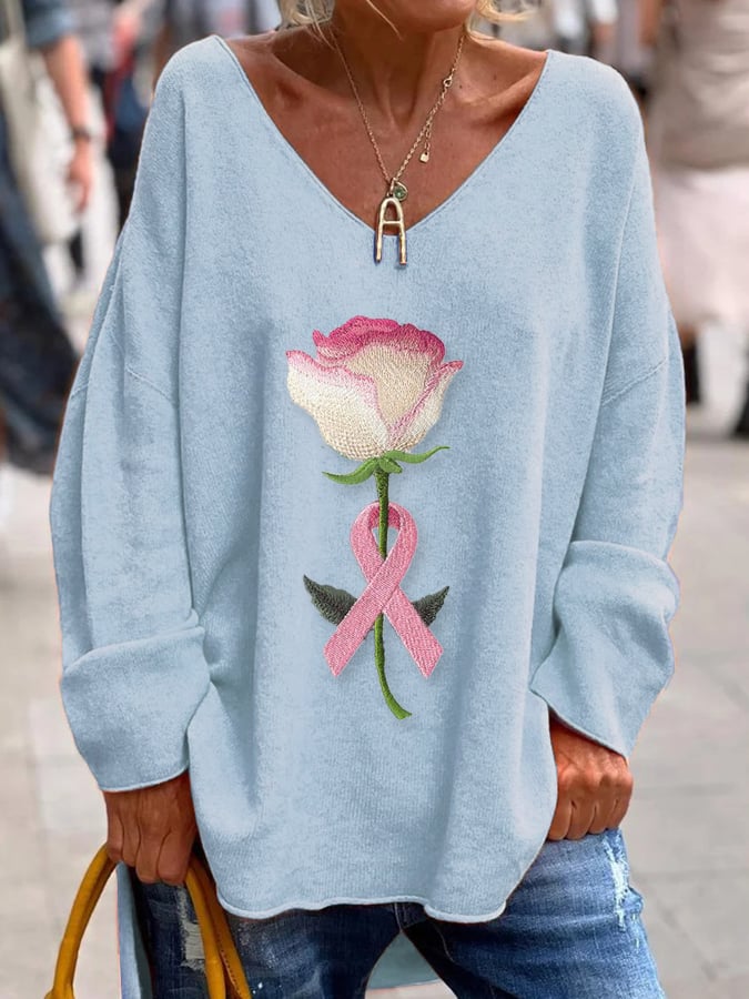 Women's Pink Breast Cancer Floral Print Loose Top