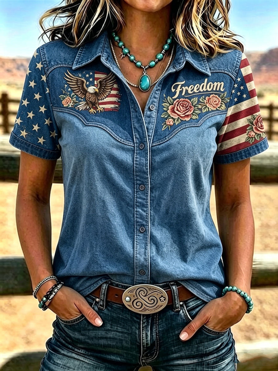 Women'S Retro Western Style Printed Short Sleeved Shirt