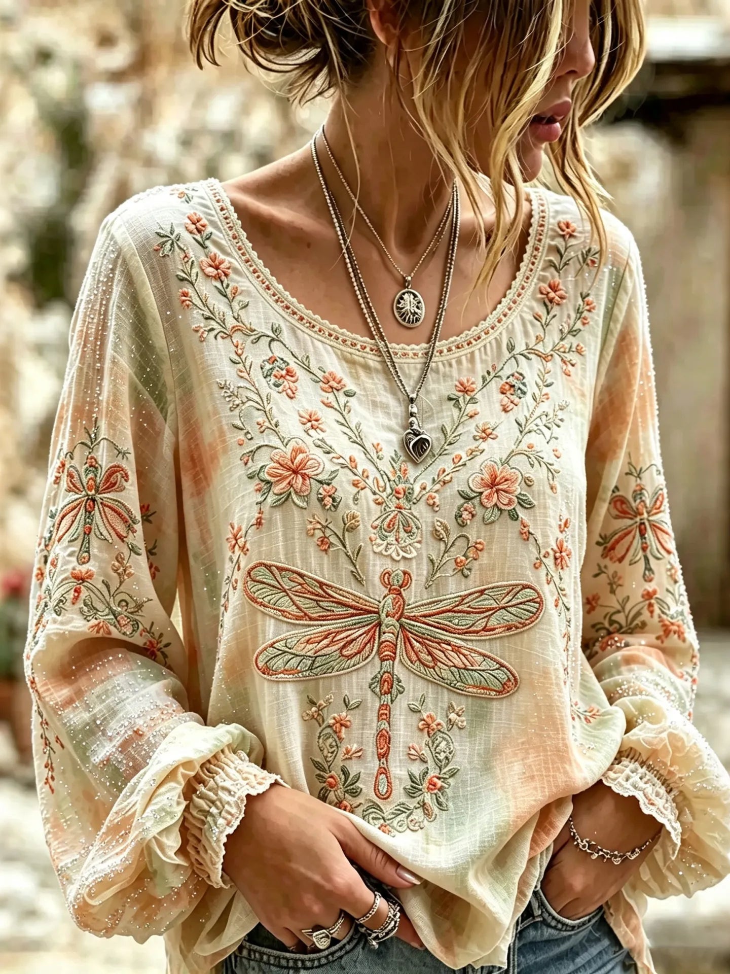 Women's Vintage Hippie Boho Floral Patchwork Art Cotton Linen Casual T-shirt