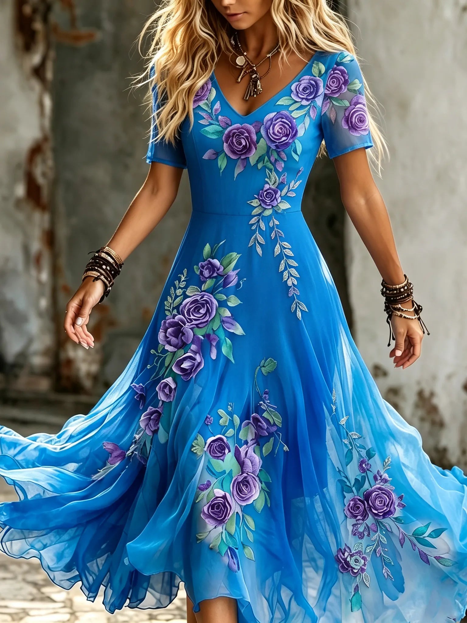 Women's Retro Purple Rose Embroidery Pattern Casual V-neck Dress