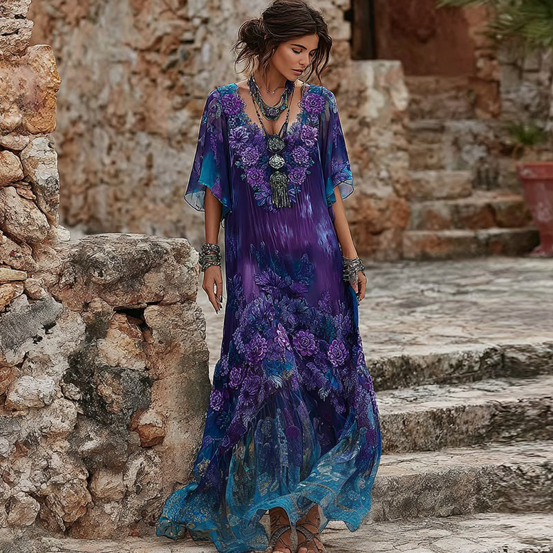 Women's Casual Purple Floral Gradient Short-sleeve Dress