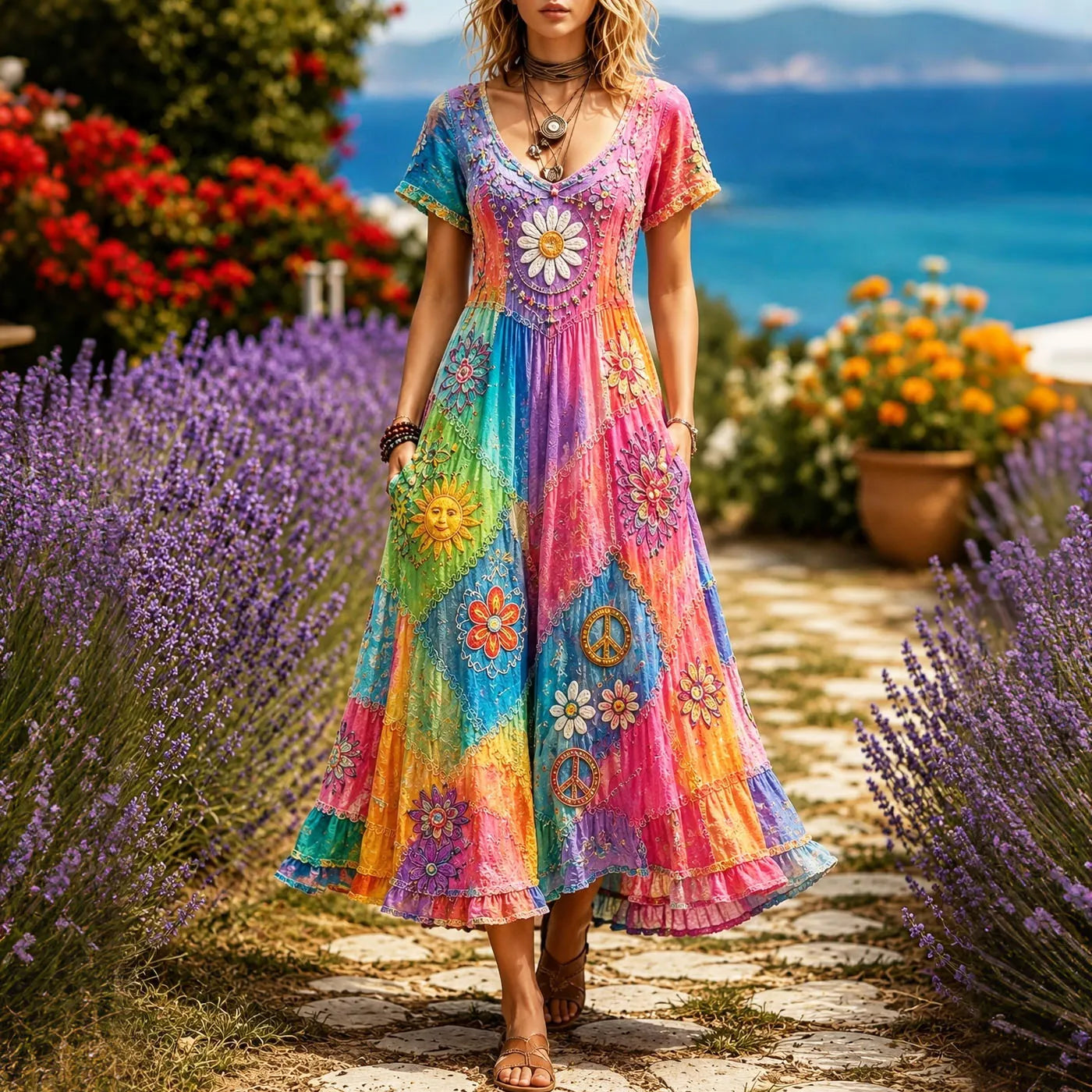 Women's Hippie Peace Sign Contrast Tie Dye Short Sleeve Midi Dress