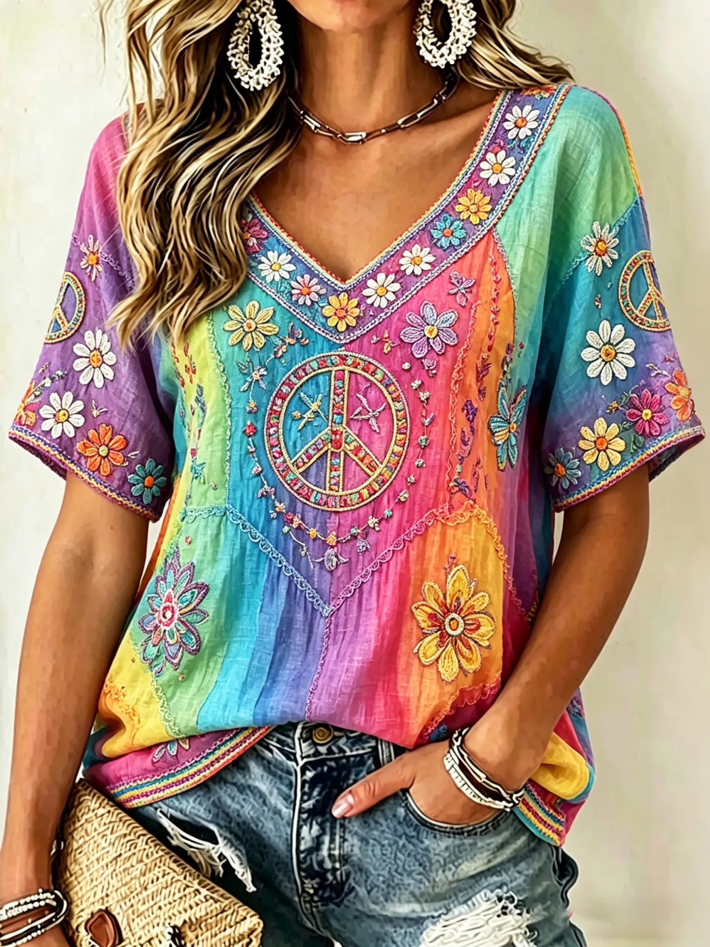 Women's Hippie Floral Peace Sign Contrast Patchwork Print Short Sleeves Linen T-shirt