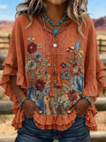 Women's Western Vintage Floral Denim Patchwork Printed Top