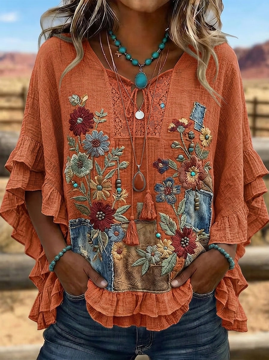 Women's Western Vintage Floral Denim Patchwork Printed Top