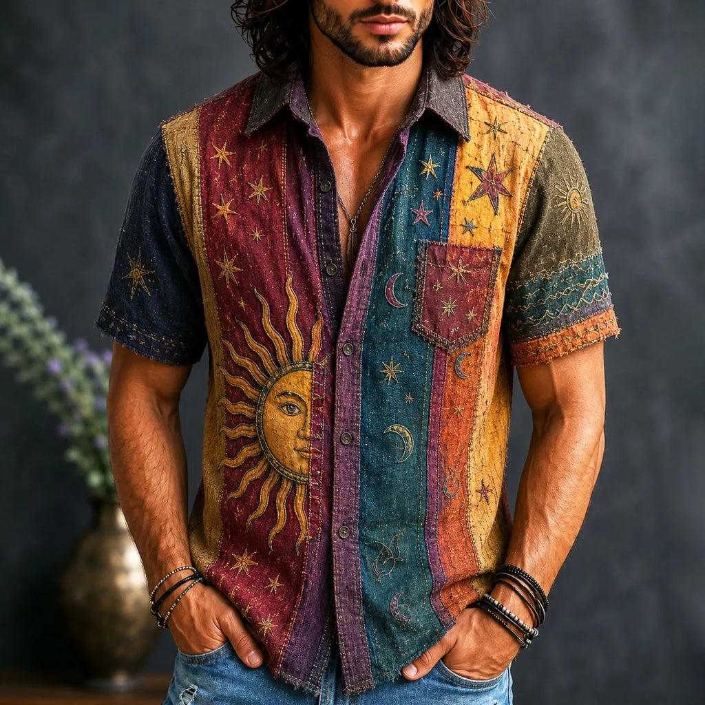 Men's Vintage Patchwork Peace Sign Sun Moon Stars Striped Art Print Shirt