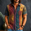 Men's Vintage Patchwork Peace Sign Sun Moon Stars Striped Art Print Shirt
