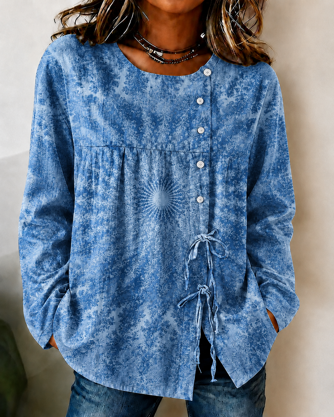 Women'S Breast Cancer Promotion Pink Tie Dye Printed Cotton Linen Long Sleeve Shirt
