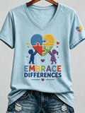 Women'S Casual V-Neck Top With Autism Awareness Print