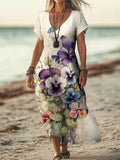 Women's Cotton And Linen Purple Floral Vintage Dress