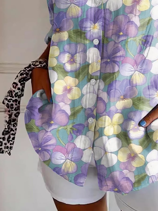 Women's Art Purple Pansy Floral Print Shirt
