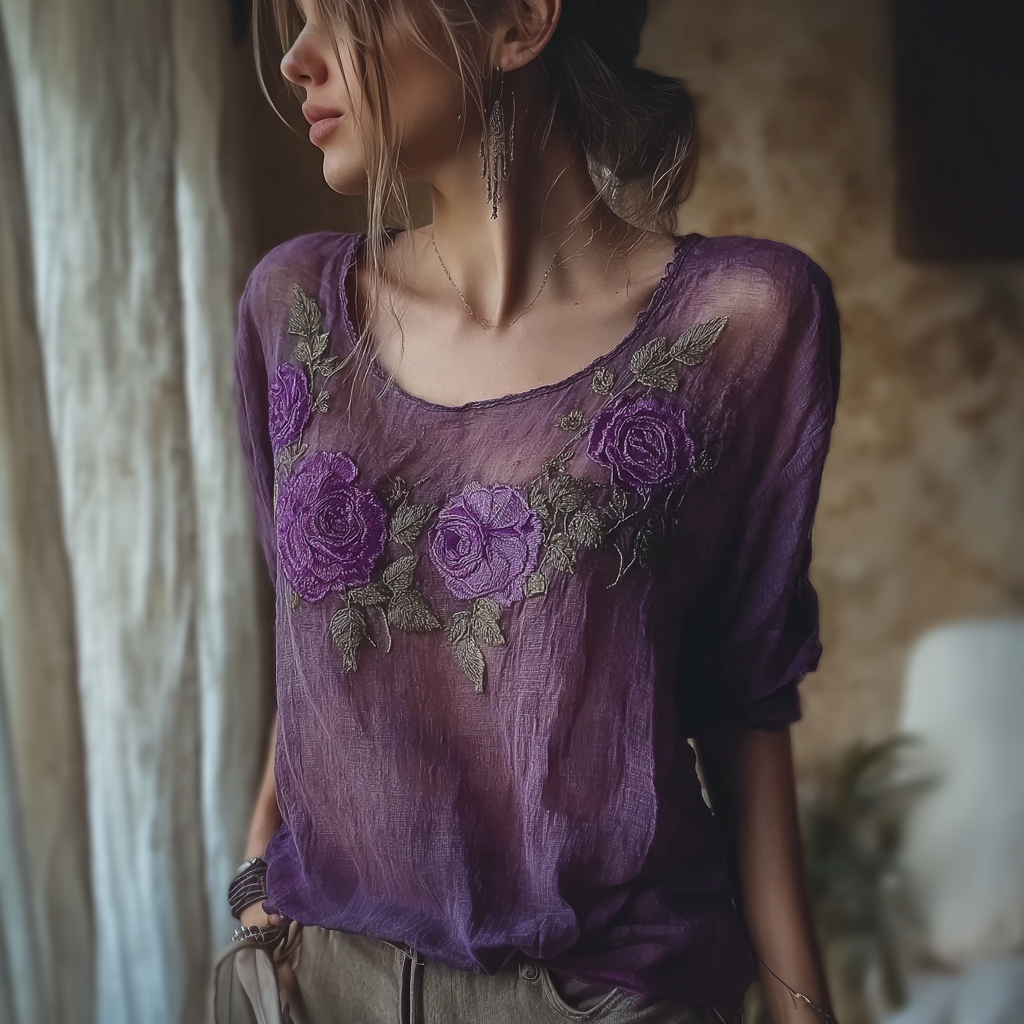 Bohemian Style Purple Rose Embroidery Pattern Linen T-shirt