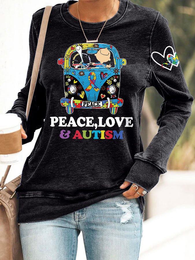 Retro Autism Awareness Ribbon Peace Love Autism Infinity Symbol Love Heart Print Sweatshirt