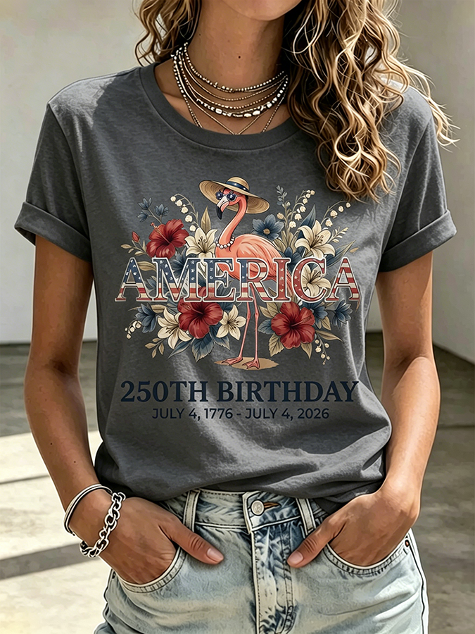Ladies' Casual American 250Th Anniversary Flamingo Floral Commemorative Round Neck Short Sleeved T-Shirt