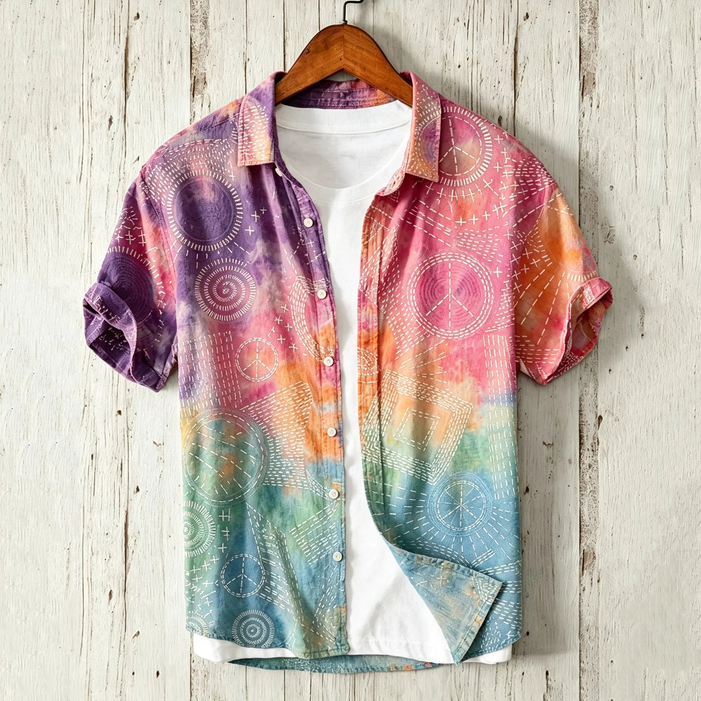 Men's Hippie Peace Traditional Sashiko Gradient Art Linen Blend Shirt