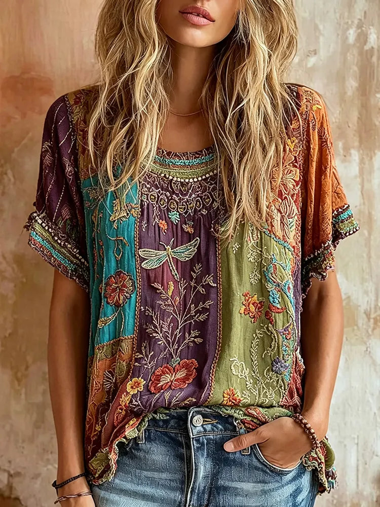 Women's Retro Floral And Dragonfly Art Pattern Linen T-shirt