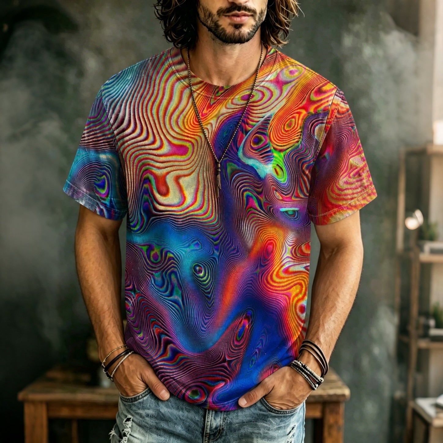 Men's Retro Hippie Style Colorful Abstract Art Print Casual Crew Neck Short Sleeve T-shirt