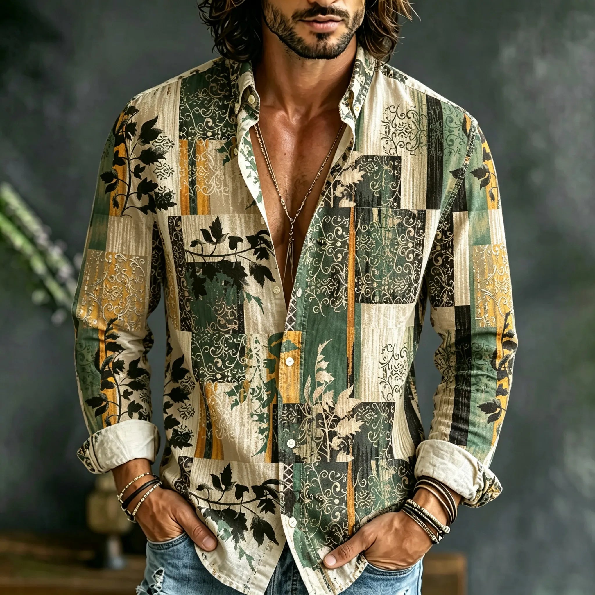 Men's Retro Vacation Color Block Leaf And Floral Cotton Linen Long-sleeved Shirt