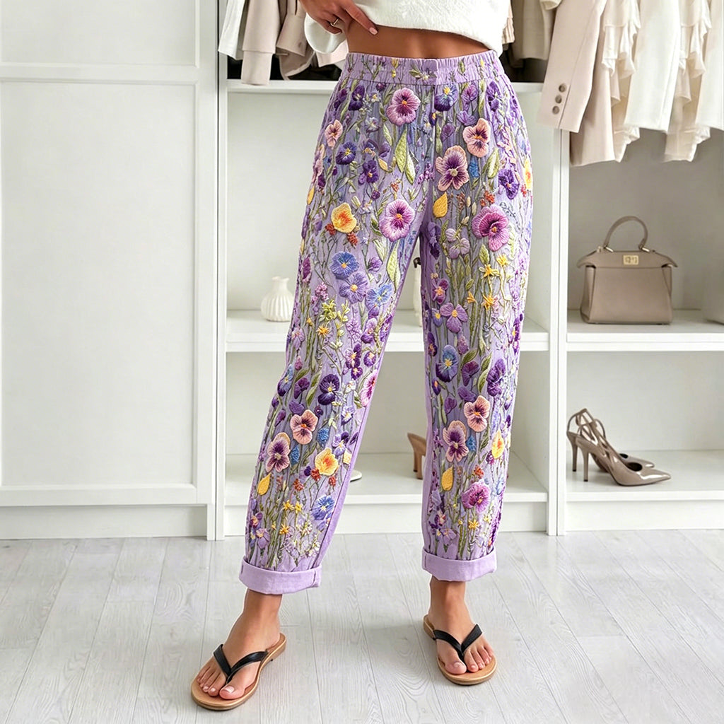 Elegant Violet Wildflower Art Pattern Cozy Linen Pants