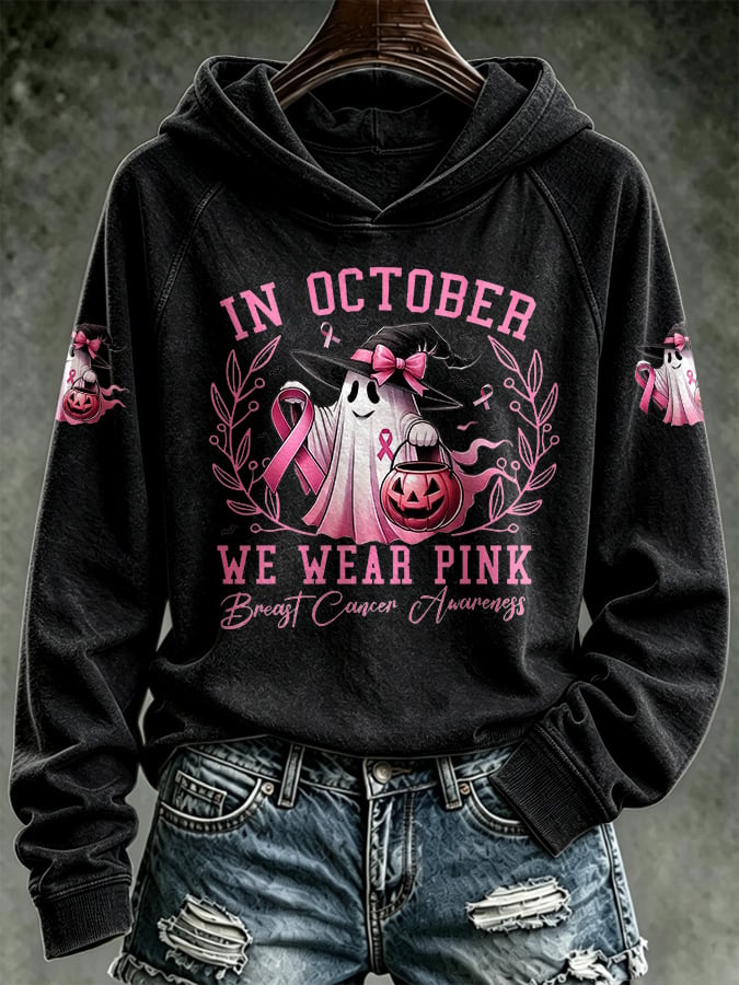 Retro Breast Cancer Awareness Ghost Pumpkin In October We Wear Pink Print Hoodie