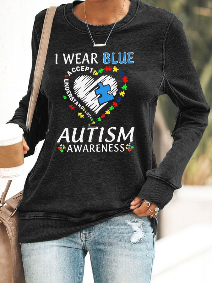 Women's I Wear Blue For Autism Awareness Print Casaul Sweatshirt