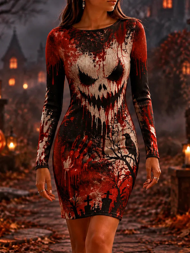 Women's Halloween Black & Red Dripping Skull Bodycon Mini Dress