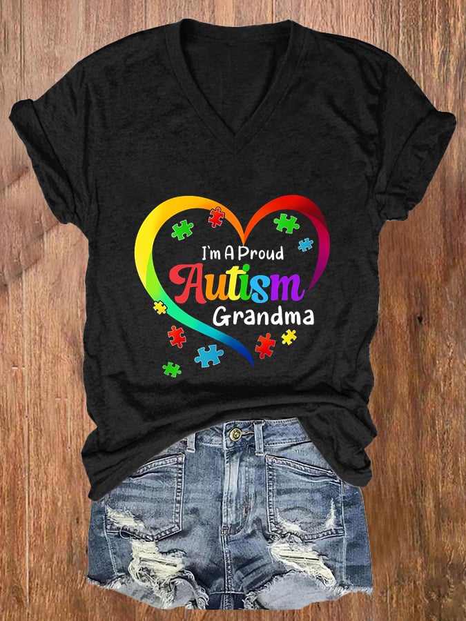Women'S I'm A Proud Grandma Love Heart Autism Awareness Printed Casual T-Shirt