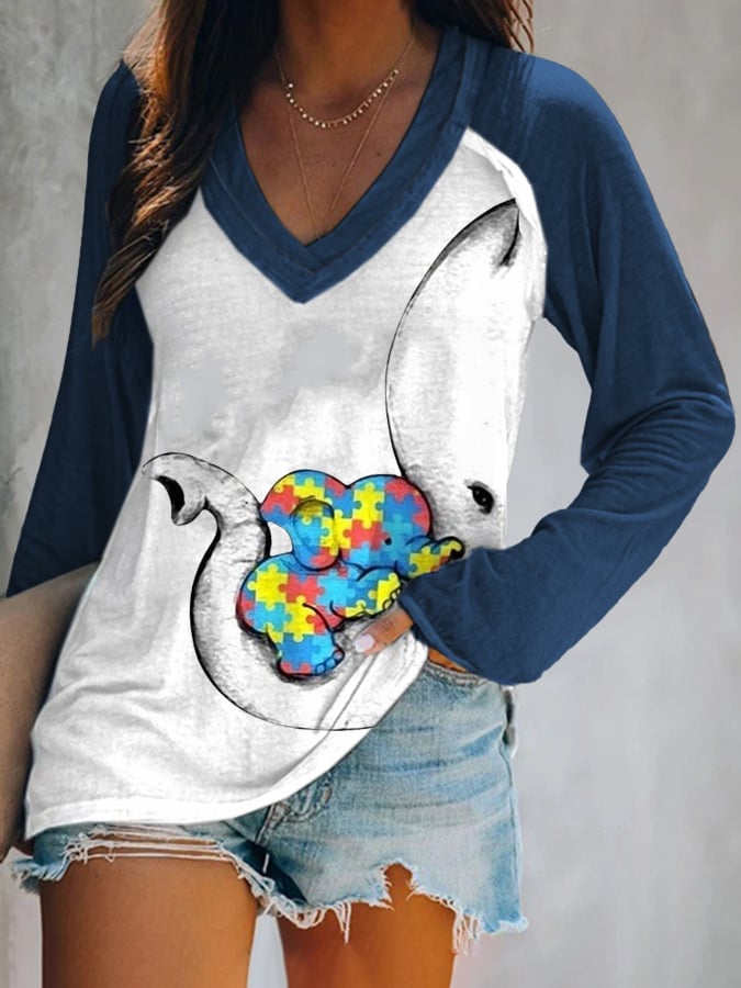 Women'S Autism Elephant And Baby Elephant Print T-Shirt
