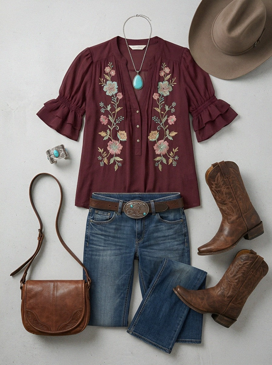 Women's Western Vintage Floral Embroidered Ruffle Sleeve Top