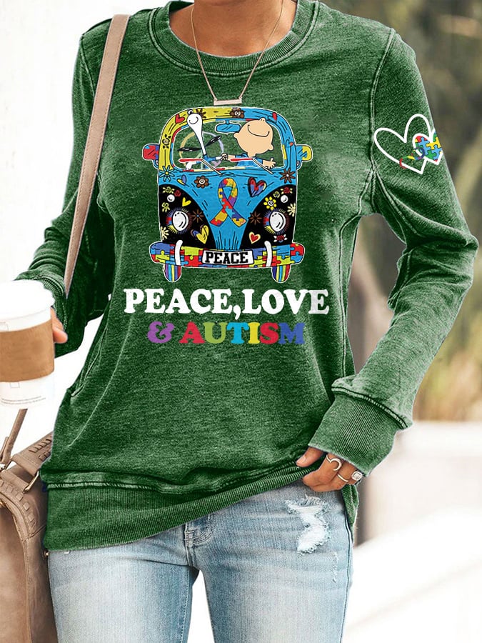 Retro Autism Awareness Ribbon Peace Love Autism Infinity Symbol Love Heart Print Sweatshirt