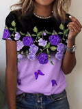 Women's Purple Floral Print Alzheimer's Awareness Support  Casual O-Neck Tee