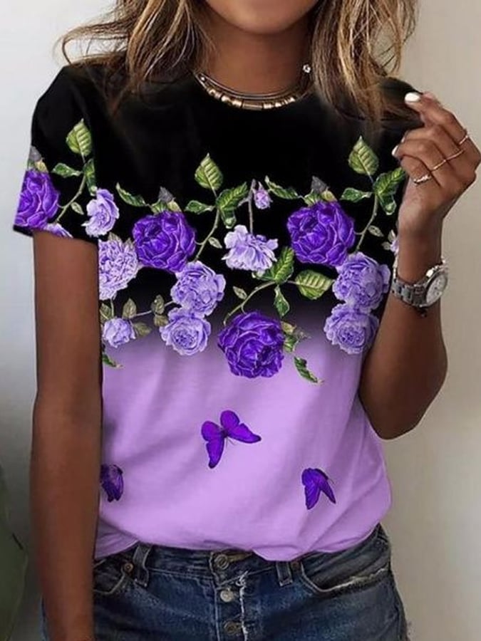 Women's Purple Floral Print Alzheimer's Awareness Support  Casual O-Neck Tee