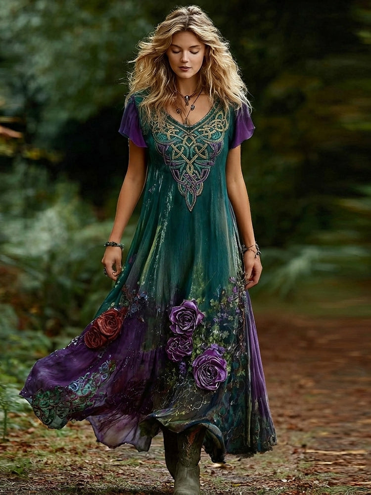 Women's Viking Celtic Knot And Purple Floral Gradient Short-sleeve Dress