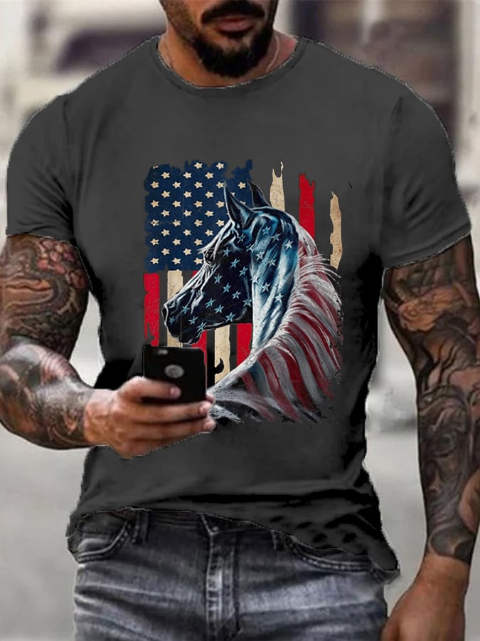 Men's July 4th Horse With USA Flag Print Short Sleeve T-Shirt