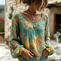 Women's Vintage  Floral And Dragonfly Art Print Flowy Linen Blend Linen Blend Long Sleeve Casual Tops