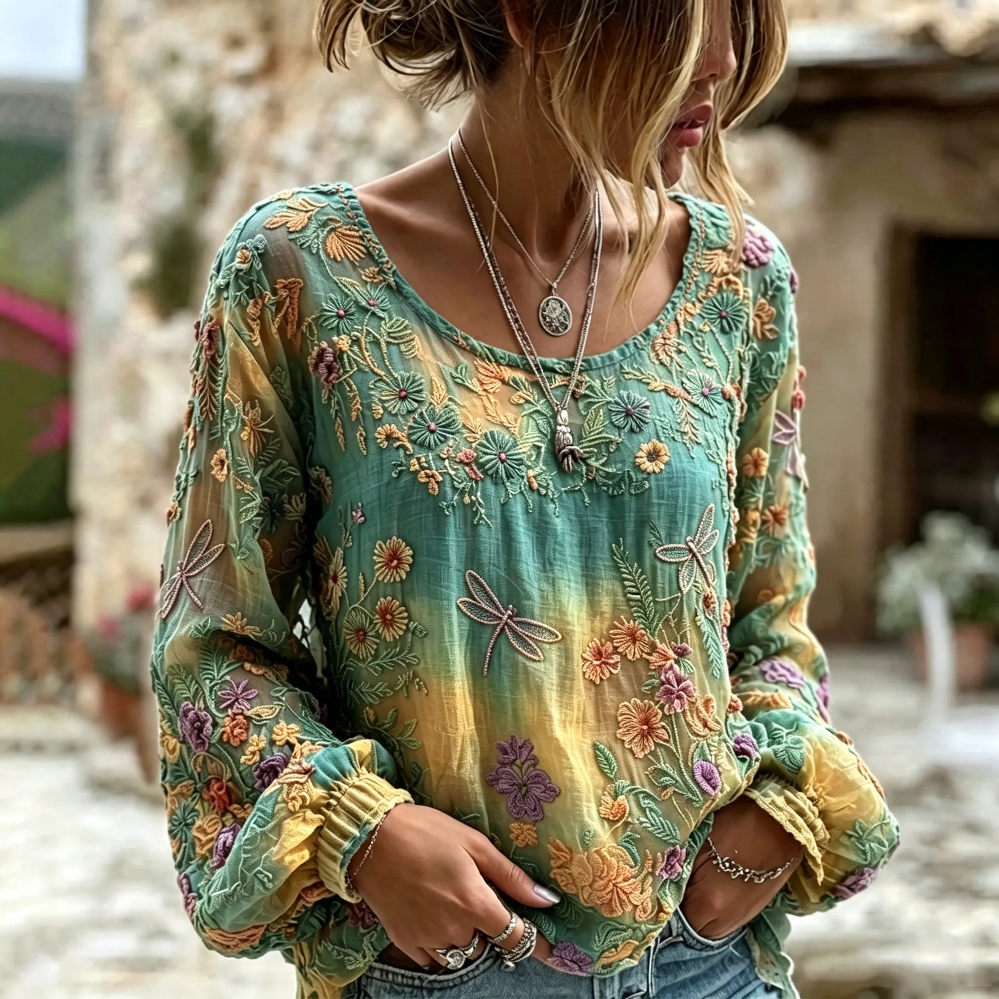 Women's Vintage  Floral And Dragonfly Art Print Flowy Linen Blend Linen Blend Long Sleeve Casual Tops